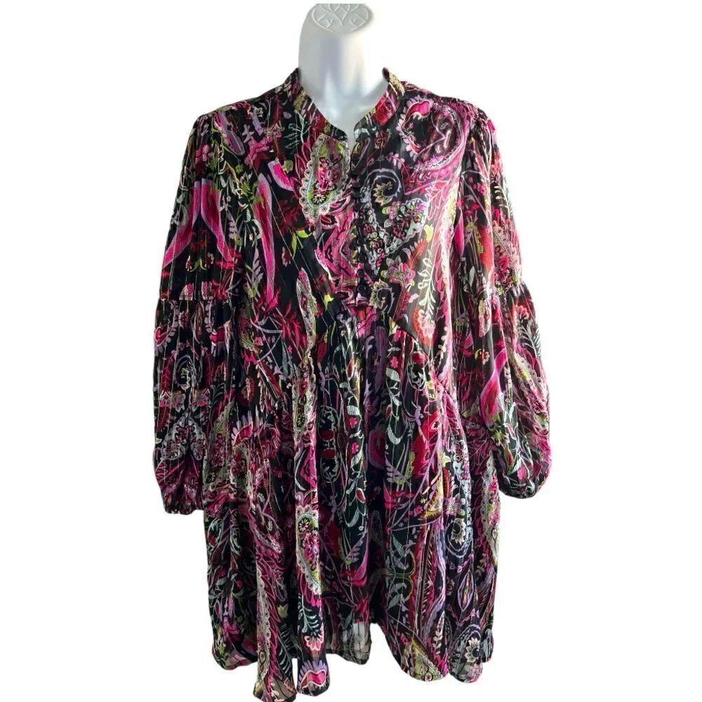 ELAN Fall Dress Midi 3/4 Sleeve Black Fuchsia Round Neck Multi Parsley Size S.